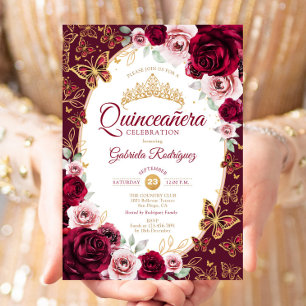 Convites Elegante Chic Burgundy Dourado Floral Quinceanera