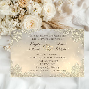 Convites Elegante Chic Corações de Ouro com Renda Casamento