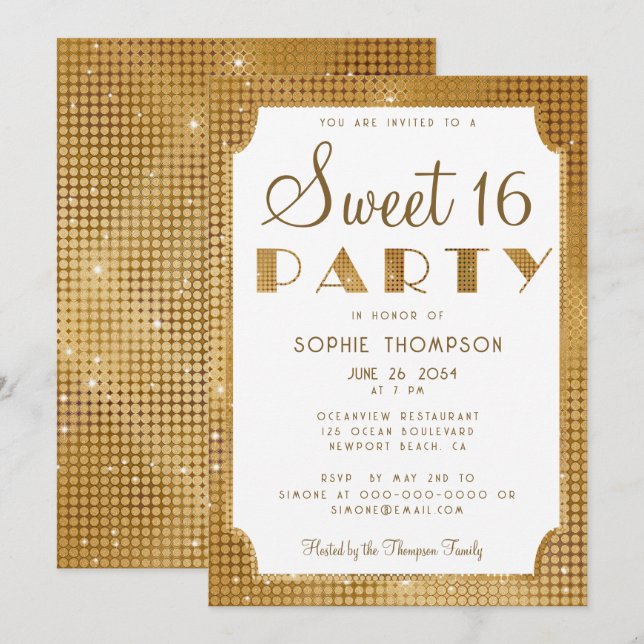 Convites Elegante Chic Dourado Glitter Sequins Sweet 16 Par (Frente/Verso)