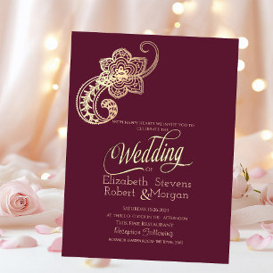 Convites Elegante Chic Dourado Paisley Casamento Burgundy 