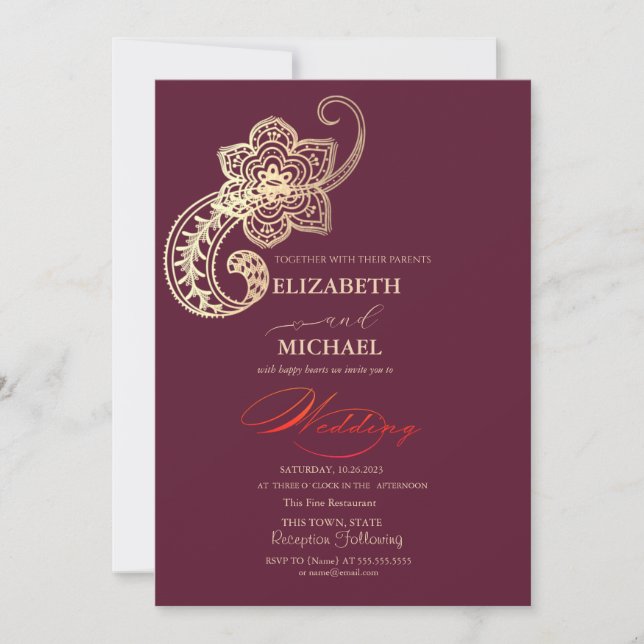 Convites Elegante Chic Dourado Paisley Script Casamento (Frente)