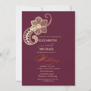 Convites Elegante Chic Dourado Paisley Script Casamento