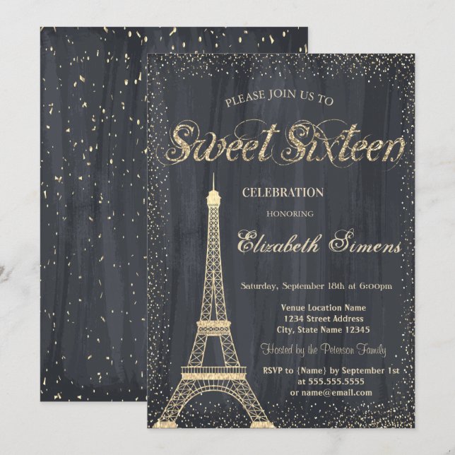 Convites Elegante Chic Dourado Torre Eiffel Confetti Sweet  (Frente/Verso)