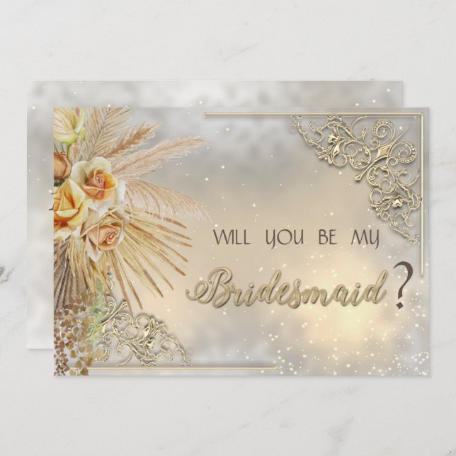 Convites Elegante Chic Dourados Boho Flowers (Frente/Verso)