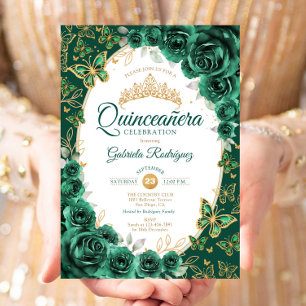 Convites Elegante Chic Esmeralda Verde Dourado Floral Quinc