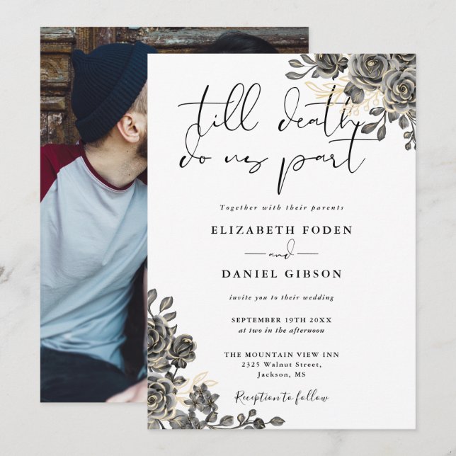 Convites Elegante Chic Gothic Rosas Foto Floral Casamento (Frente/Verso)