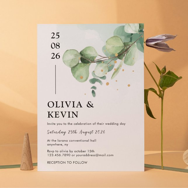 Convites Elegante Chic Green Eucalyptus com sotaques Dourad (Criador carregado)