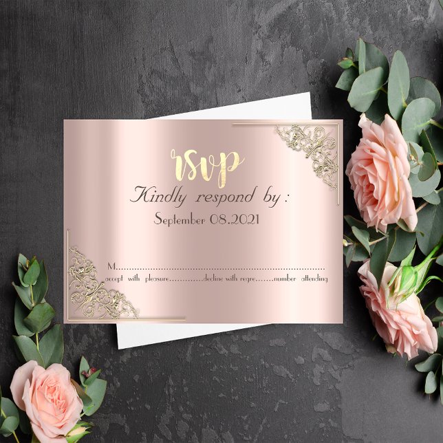 Convites Elegante Chic Moldura Dourada RSVP Rosa Dourado (Criador carregado)