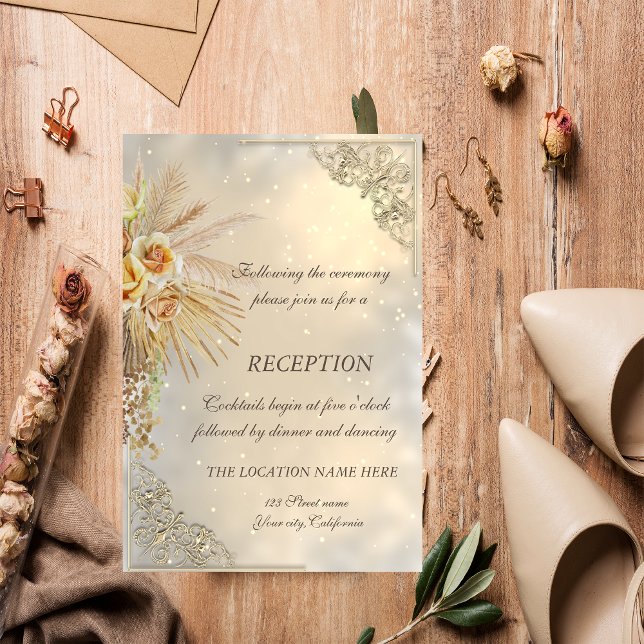 Convites Elegante Chic Ouro Boho Flores Recepção de Casamen (Criador carregado)