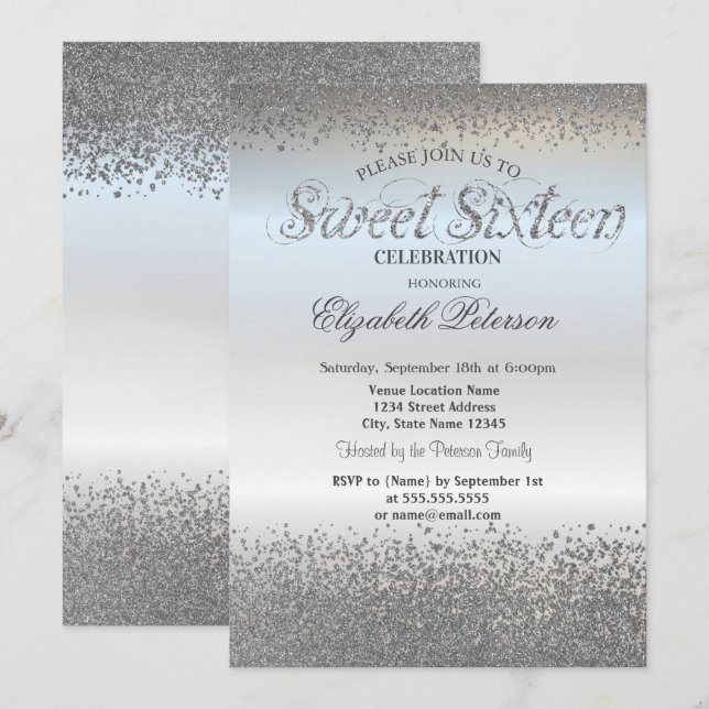 Convites Elegante Chic Prata Diamantes Confete Doce 16 (Frente/Verso)