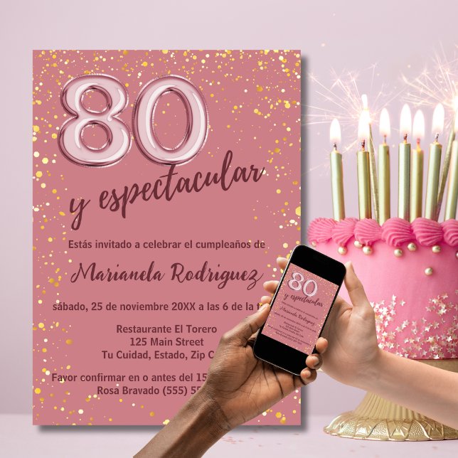 Convites Elegante Chic Rosa Dourado 80º Aniversário Espanho (Criador carregado)