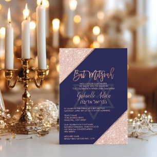 Convites Elegante Chic Rosa Dourado Azul Naval Bat Mitzvah