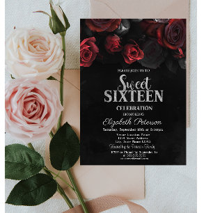 Convites Elegante Chic Rosas Vermelhas Preto Sweet 16