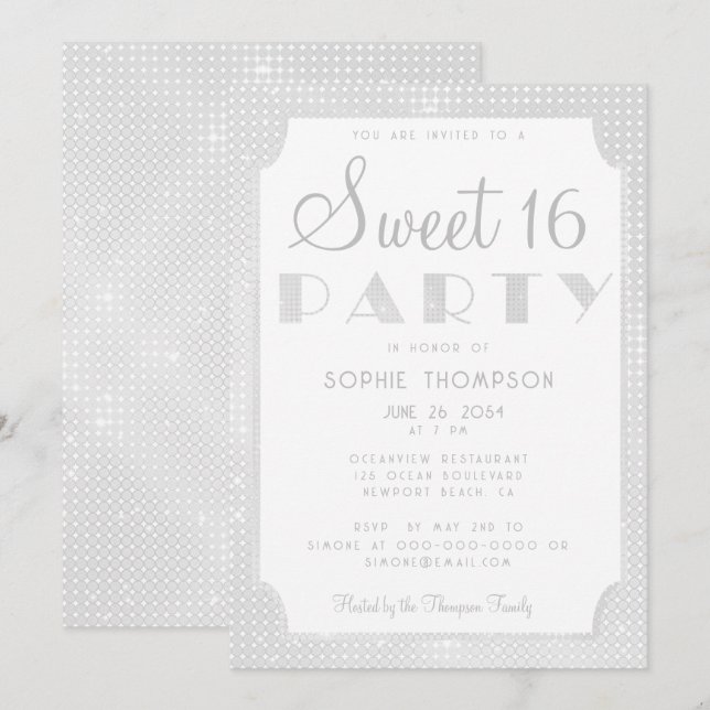 Convites Elegante Chic White Glitter Sequins Sweet 16 Party (Frente/Verso)