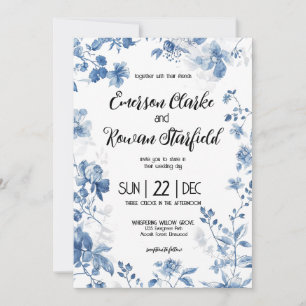 Convites Elegante Chinoiserie Azul Francês Toile Floral