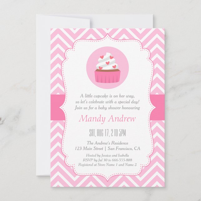 Convites Elegante Chuveirinho de Bebê Menina Cupcake com Zi (Frente)