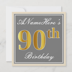 Convites Elegante, Cinza, 90 Dourada Faux Aniversário + No