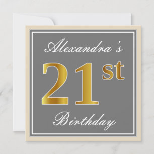 Convites Elegante, Cinza, aniversário de 21 anos Dourada F