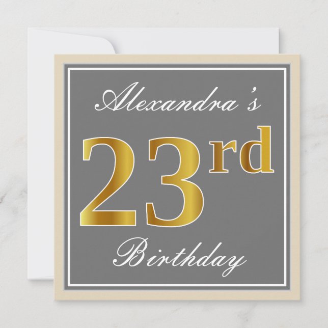 Convites Elegante, Cinza, Dourado Falso Aniversário de 23 a (Frente)