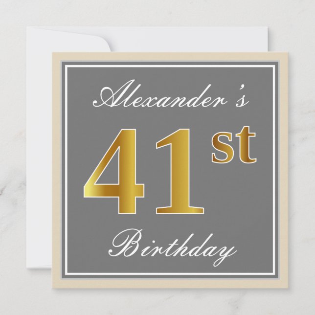Convites Elegante, Cinza, Dourado Falso Aniversário de 41 a (Frente)
