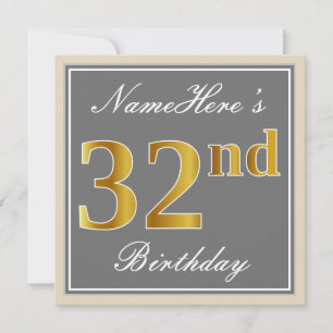 Convites Elegante, Cinza, Falso Dourado Aniversário de 32 a