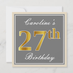 Convites Elegante, Cinza, Faux Dourado 27º Aniversário + 