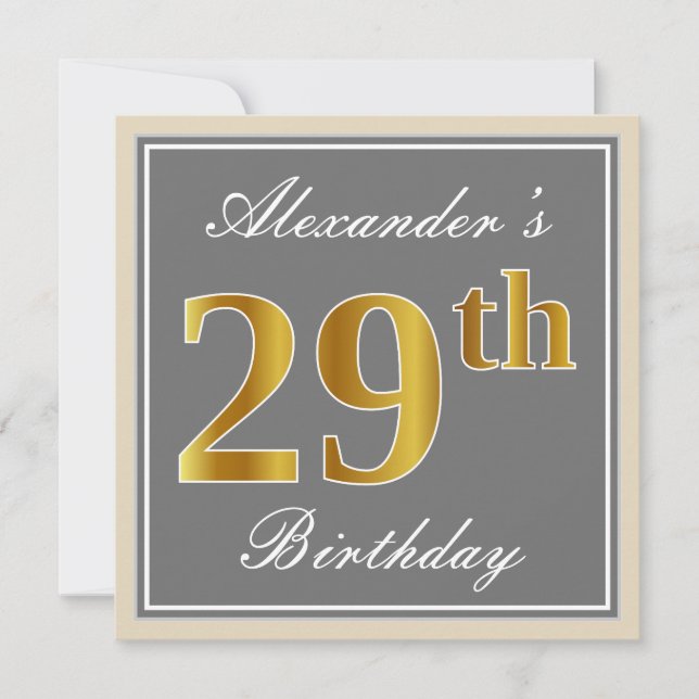 Convites Elegante, Cinza, Faux Dourado 29º Aniversário + No (Frente)