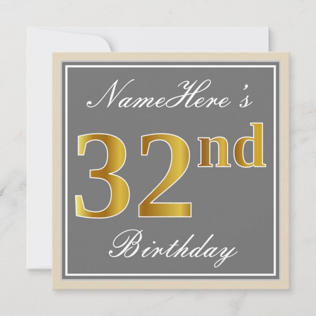Convites Elegante, Cinza, Faux Dourado 32º Aniversário + No (Frente)