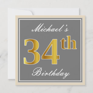 Convites Elegante, Cinza, Faux Dourado 34. Aniversário + N