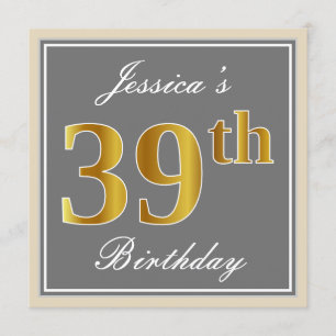 Convites Elegante, Cinza, Faux Dourado 39º Aniversário + No