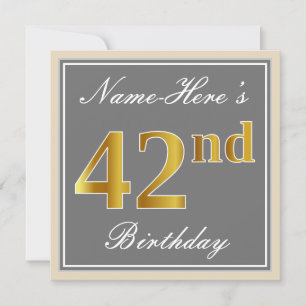 Convites Elegante, Cinza, Faux Dourado 42º Aniversário + 