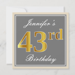 Convites Elegante, Cinza, Faux Dourado 43º Aniversário + 