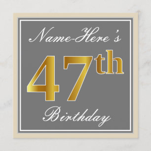Convites Elegante, Cinza, Faux Dourado 47º Aniversário + 
