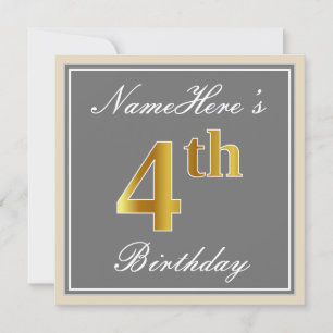 Convites Elegante, Cinza, Faux Dourado 4. Aniversário; Nom