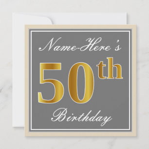 Convites Elegante, Cinza, Faux Dourado 50º Aniversário + No