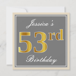 Convites Elegante, Cinza, Faux Dourado 53º Aniversário + 