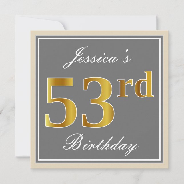 Convites Elegante, Cinza, Faux Dourado 53º Aniversário + No (Frente)