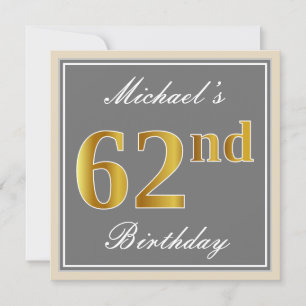 Convites Elegante, Cinza, Faux Dourado 62º Aniversário + 