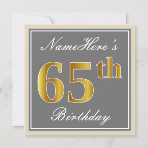 Convites Elegante, Cinza, Faux Dourado 65.o Aniversário + N