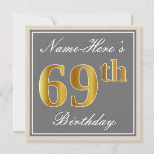 Convites Elegante, Cinza, Faux Dourado 69º Aniversário + No