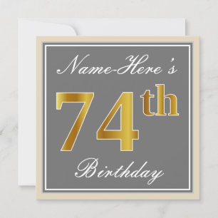 Convites Elegante, Cinza, Faux Dourado 74. Aniversário + N