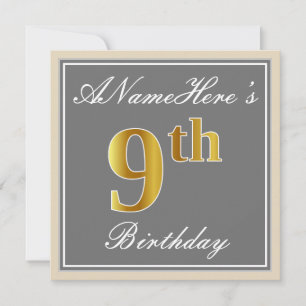 Convites Elegante, Cinza, Faux Dourado 9º Aniversário; No