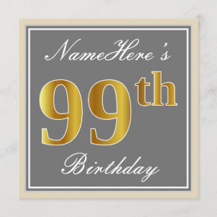 Convites Elegante, Cinza, Faux Dourado 99 Aniversário + No