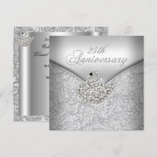 Convites Elegante Cisne Branco Damask Prata 25º Aniversário