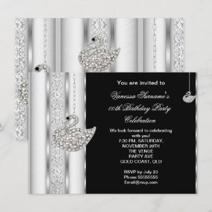 Convites Elegante Cisne de Diamante Branco Prata Preto Aniv
