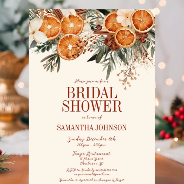 Convites Elegante Citrus Floral Chá de panela (Ivory Orange Citrus Floral Bridal Shower Invitation, Christmas, Fall Autumn, Elegant Modern Wedding)