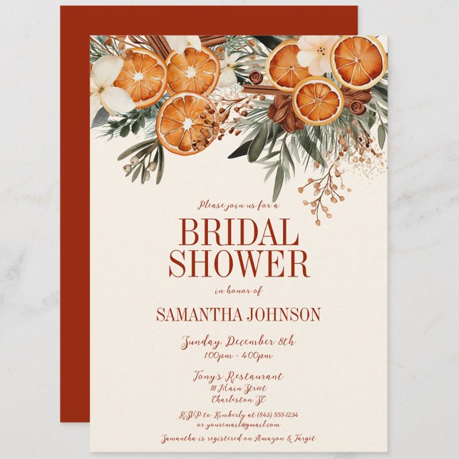 Convites Elegante Citrus Floral Chá de panela (Ivory Orange Citrus Floral Bridal Shower Invitation, Christmas, Fall Autumn, Elegant Modern Wedding)