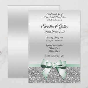 Convites Elegante Classe Verde-Menta Laço & Brilho Prata Pr