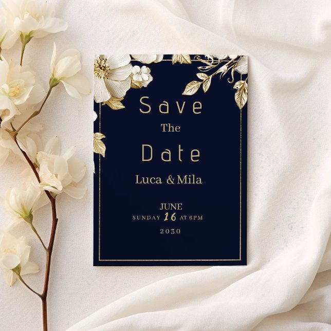 Convites Elegante clássico azul marinho dourado flora Save  (Elegant classic navy blue gold flora Save the Date )