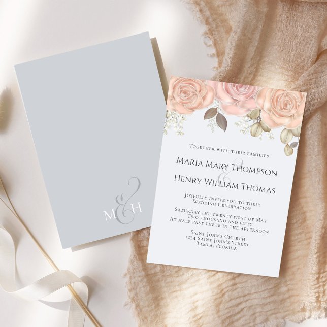 Convites Elegante Clássico Boho Floral Rosa Azul Claro (Elegant blush and light blue rose gold floral wedding invitation)